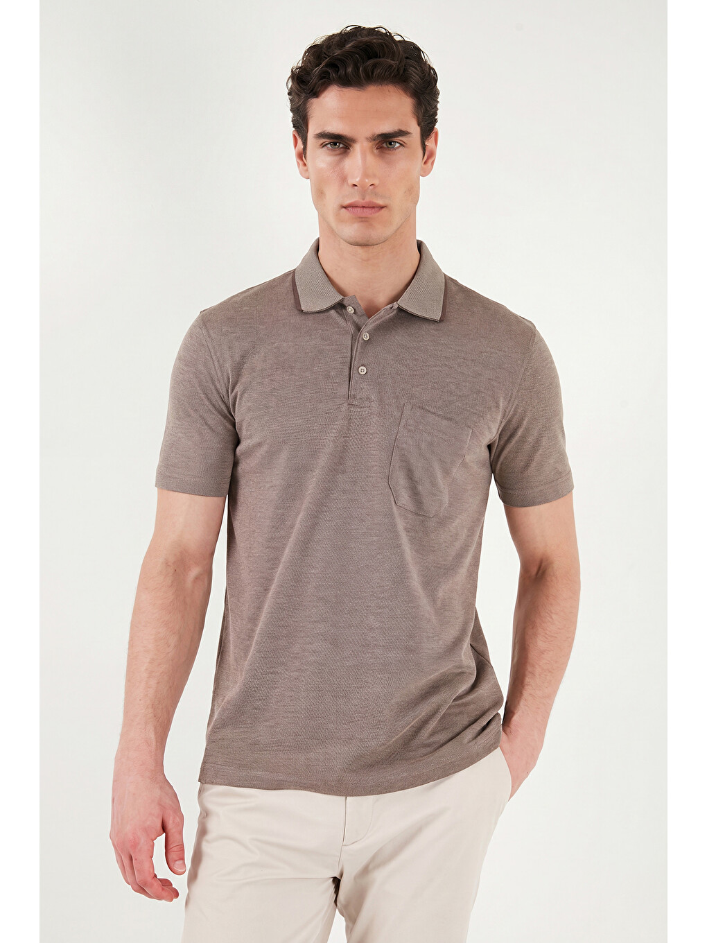 Kahverengi Pamuklu Regular Fit Göğüs Cepli Düğmeli Polo T Shirt 4565001-1