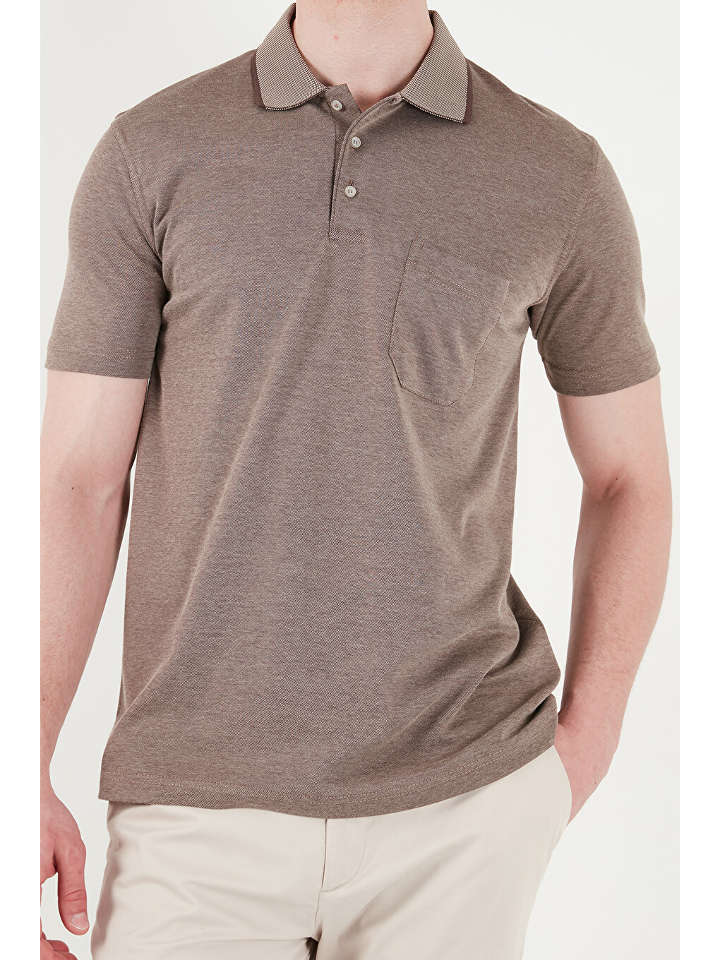 Kahverengi Pamuklu Regular Fit Göğüs Cepli Düğmeli Polo T Shirt 4565001-4