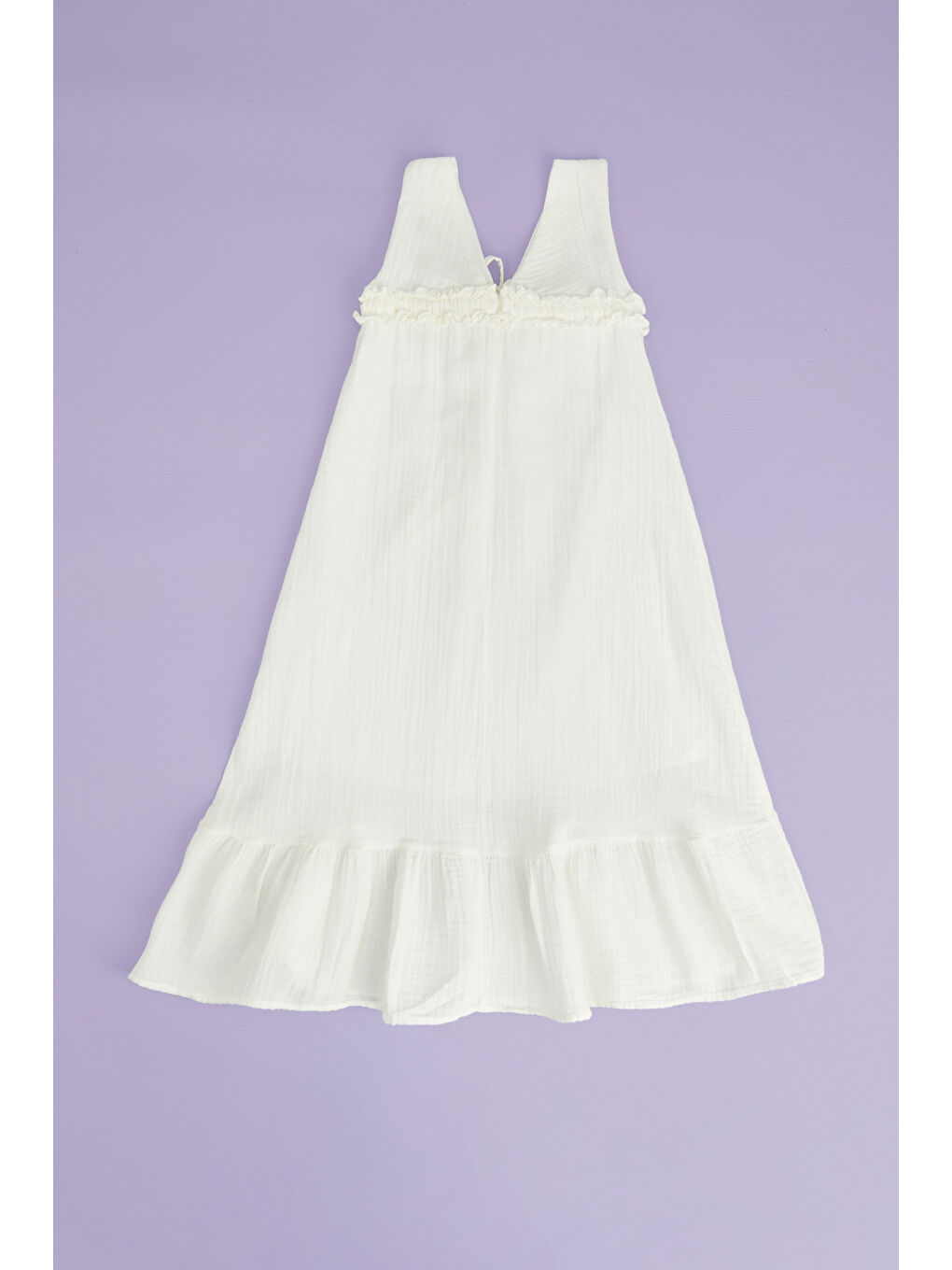 Ekru Önü Bağlamalı Askılı Müslin Kumaş Kız Çocuk Elbise-1