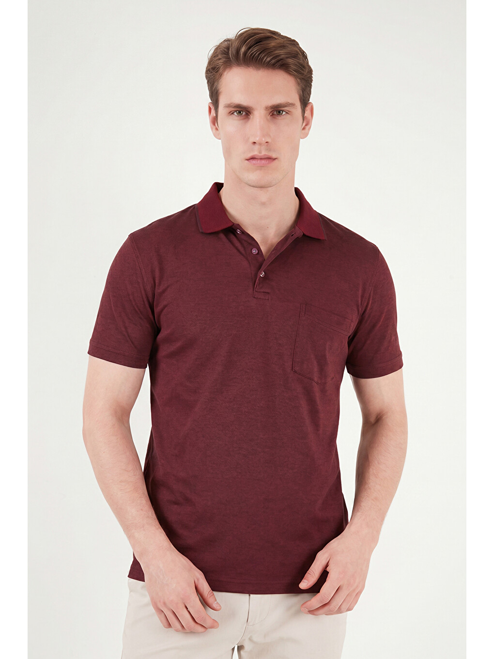 Bordo Pamuklu Regular Fit Göğüs Cepli Düğmeli Polo T Shirt 4565001-1