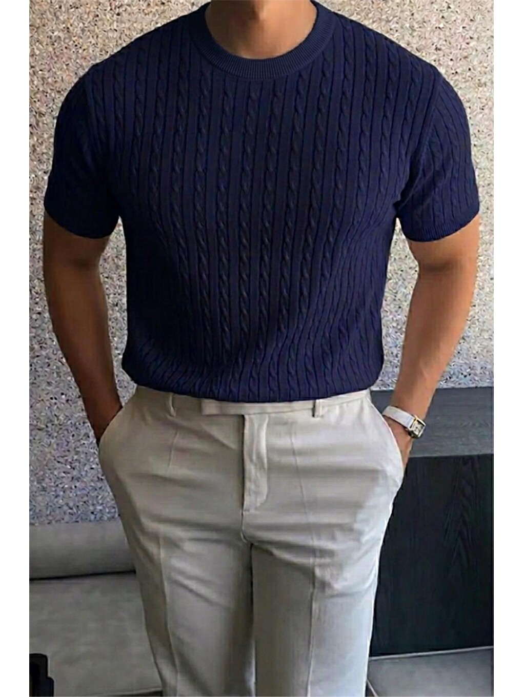 Lacivert Kelly Lüks Seri Erkek Slim Fit Saç Örgü Desenli Bisiklet Yaka Kısa Kollu Triko Tişört