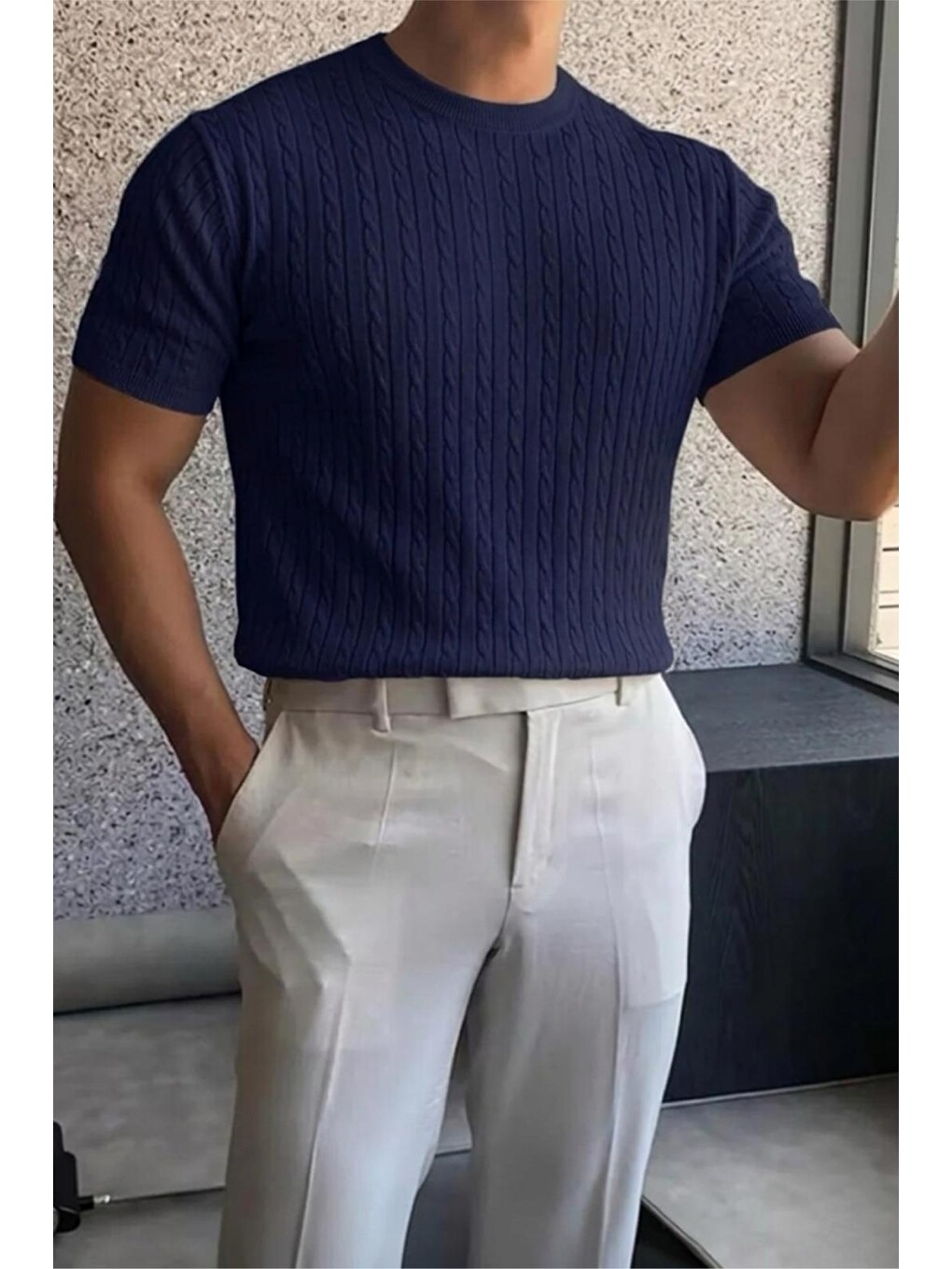Lacivert Kelly Lüks Seri Erkek Slim Fit Saç Örgü Desenli Bisiklet Yaka Kısa Kollu Triko Tişört-1