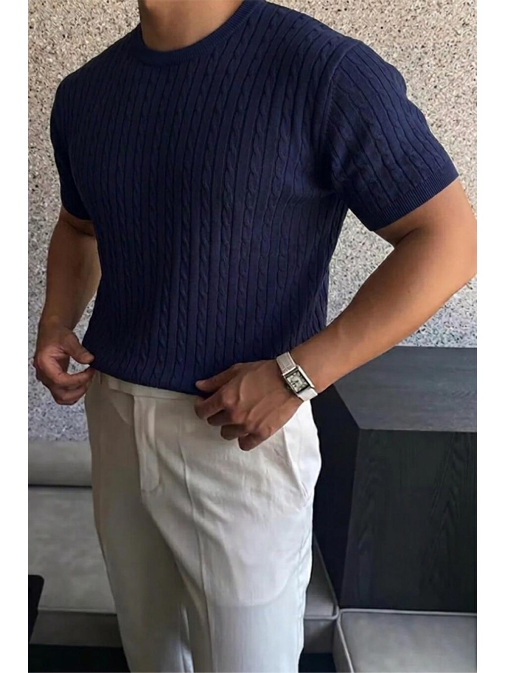 Lacivert Kelly Lüks Seri Erkek Slim Fit Saç Örgü Desenli Bisiklet Yaka Kısa Kollu Triko Tişört-2