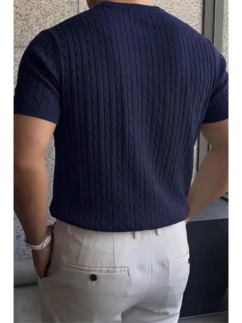 Lacivert Kelly Lüks Seri Erkek Slim Fit Saç Örgü Desenli Bisiklet Yaka Kısa Kollu Triko Tişört-3