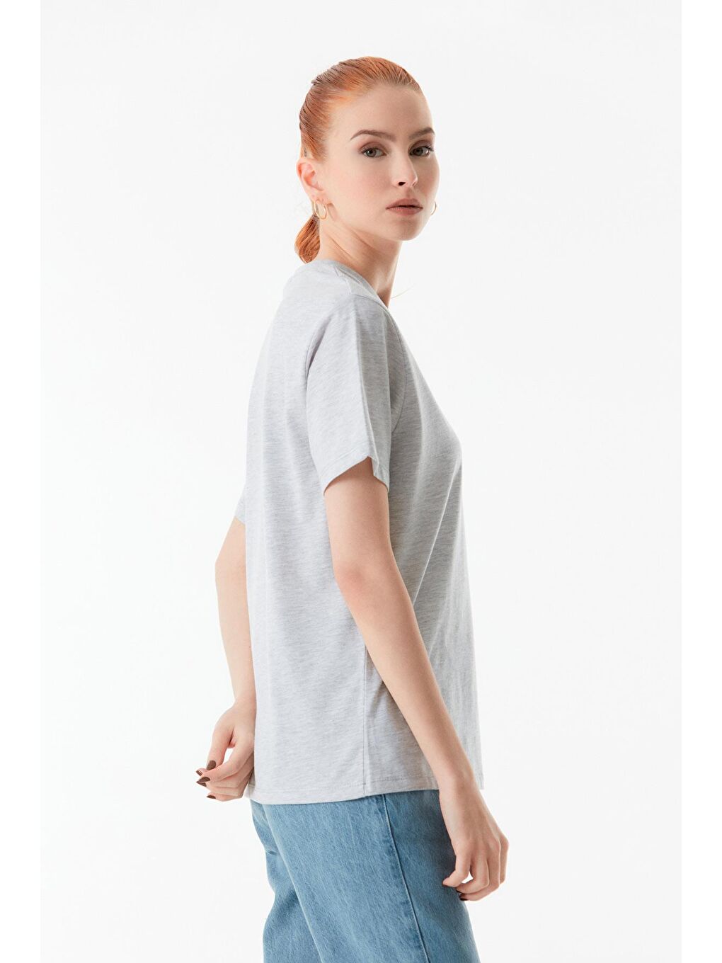 Gri Baskılı Bisiklet Yaka Tişört-4