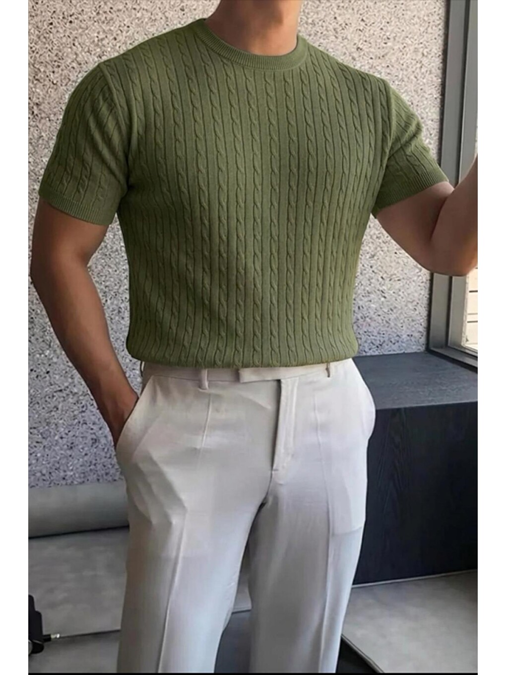 Yeşil Kelly Lüks Seri Erkek Slim Fit Saç Örgü Desenli Bisiklet Yaka Kısa Kollu Triko Tişört-1