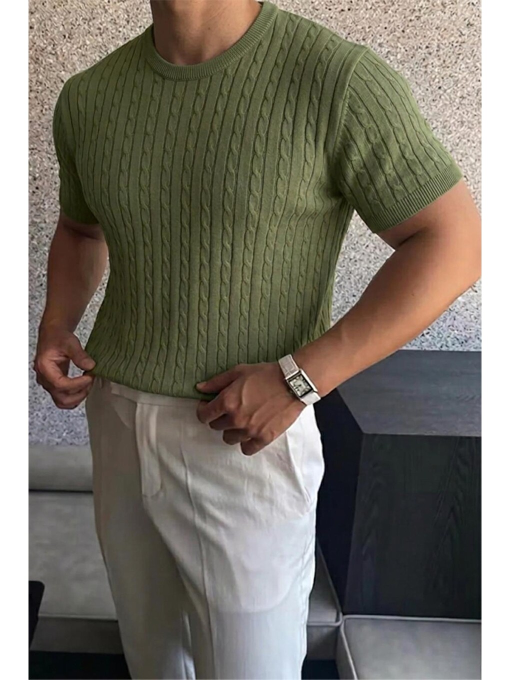 Yeşil Kelly Lüks Seri Erkek Slim Fit Saç Örgü Desenli Bisiklet Yaka Kısa Kollu Triko Tişört-2