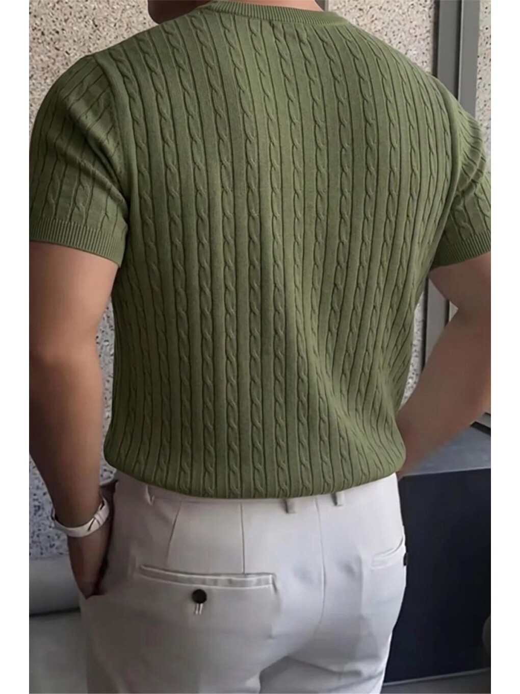 Yeşil Kelly Lüks Seri Erkek Slim Fit Saç Örgü Desenli Bisiklet Yaka Kısa Kollu Triko Tişört-3