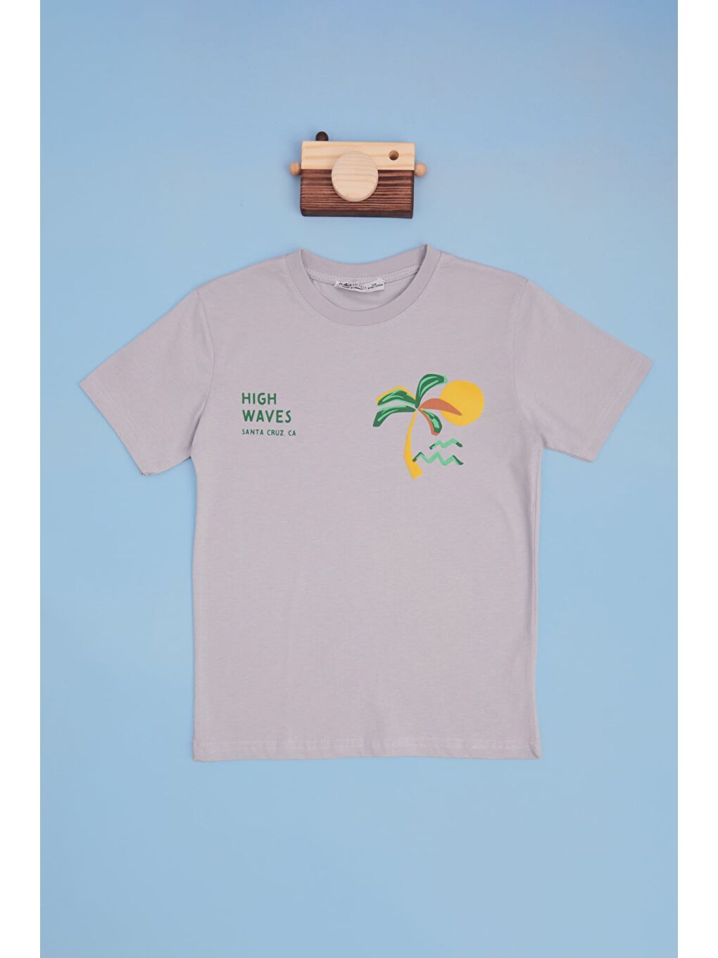 Gri Palmiye Baskılı Bisiklet Yaka Erkek Çocuk Tişört