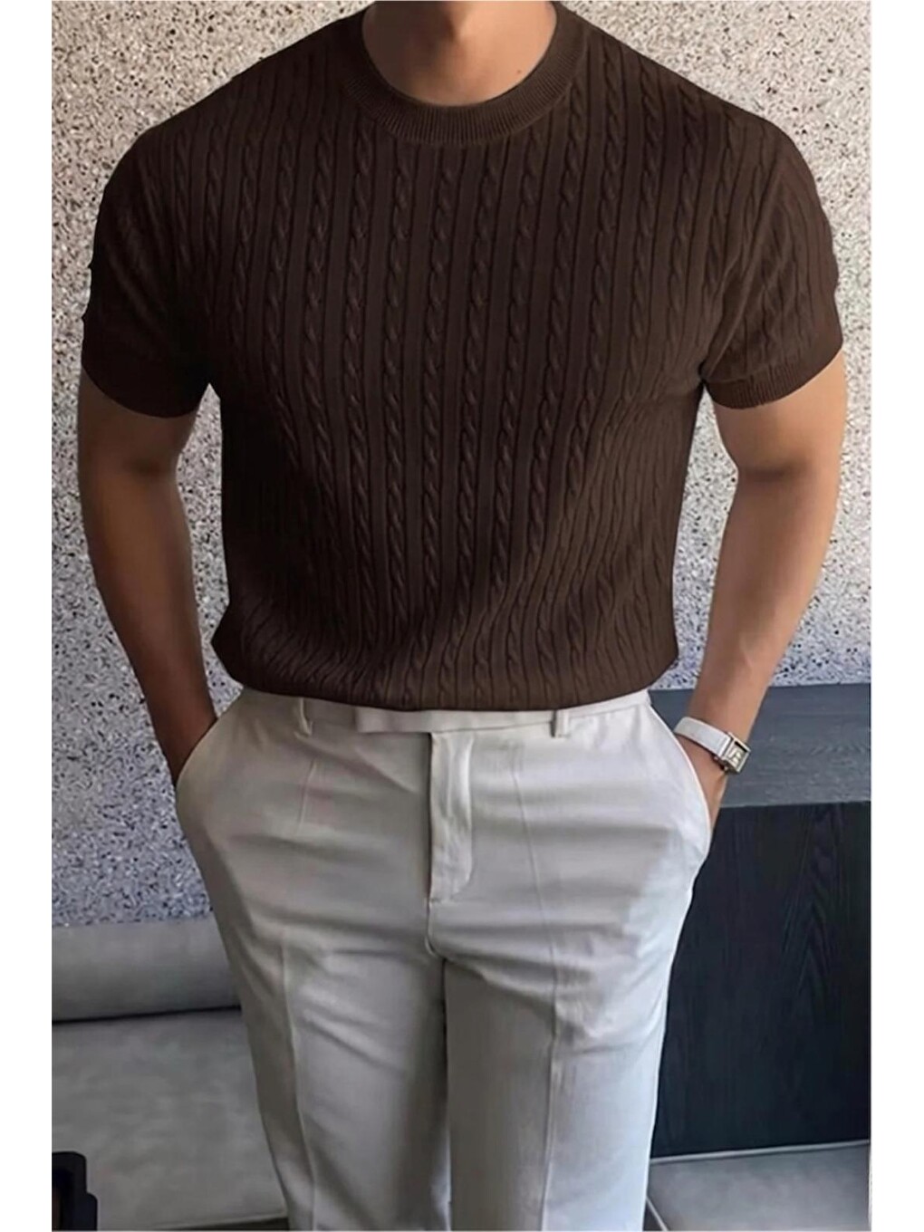 Kahverengi Kelly Lüks Seri Erkek Slim Fit Saç Örgü Desenli Bisiklet Yaka Kısa Kollu Triko Tişört-1