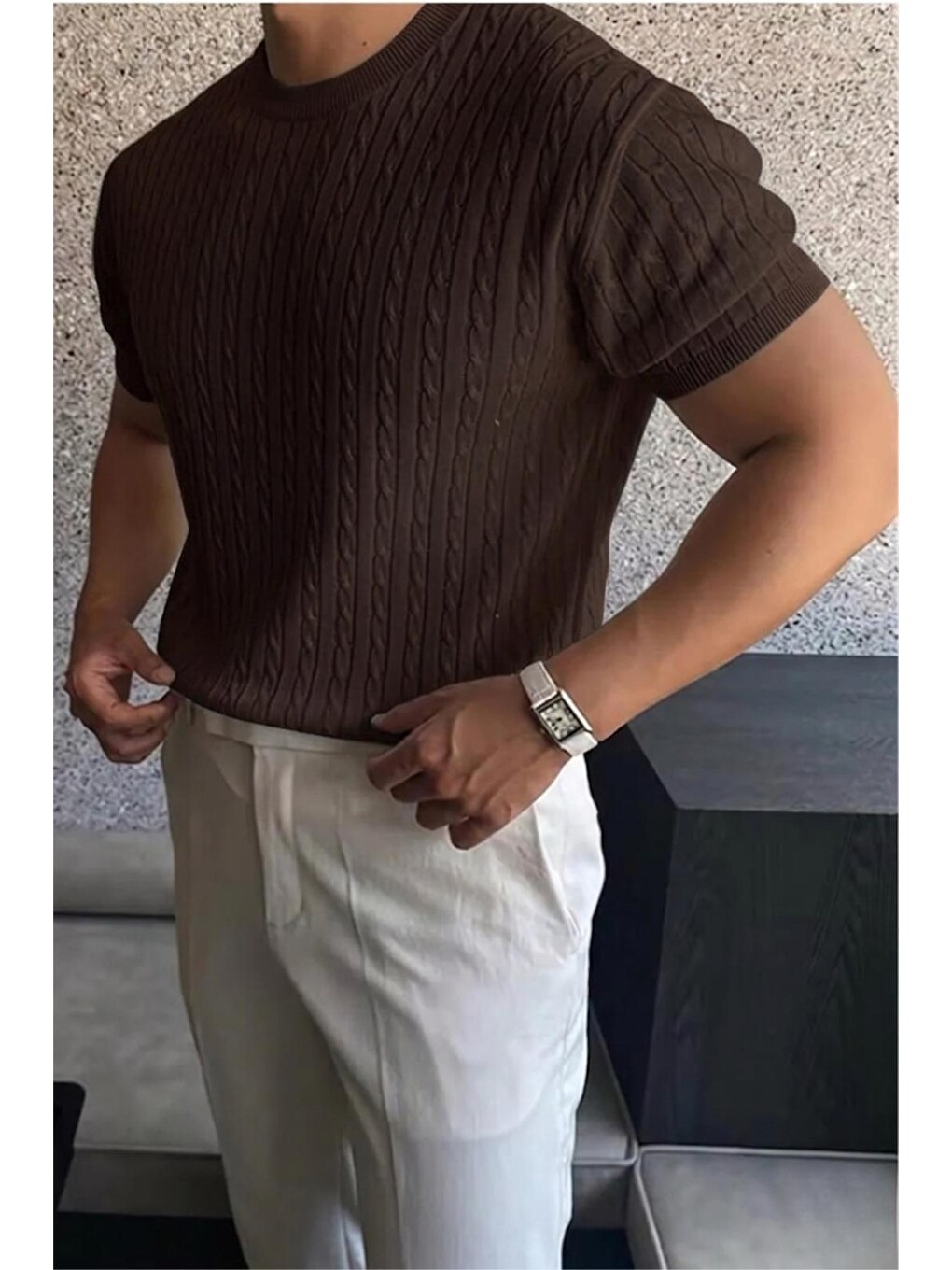 Kahverengi Kelly Lüks Seri Erkek Slim Fit Saç Örgü Desenli Bisiklet Yaka Kısa Kollu Triko Tişört-2