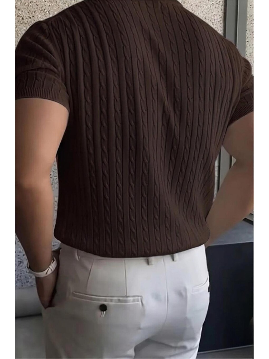 Kahverengi Kelly Lüks Seri Erkek Slim Fit Saç Örgü Desenli Bisiklet Yaka Kısa Kollu Triko Tişört-3