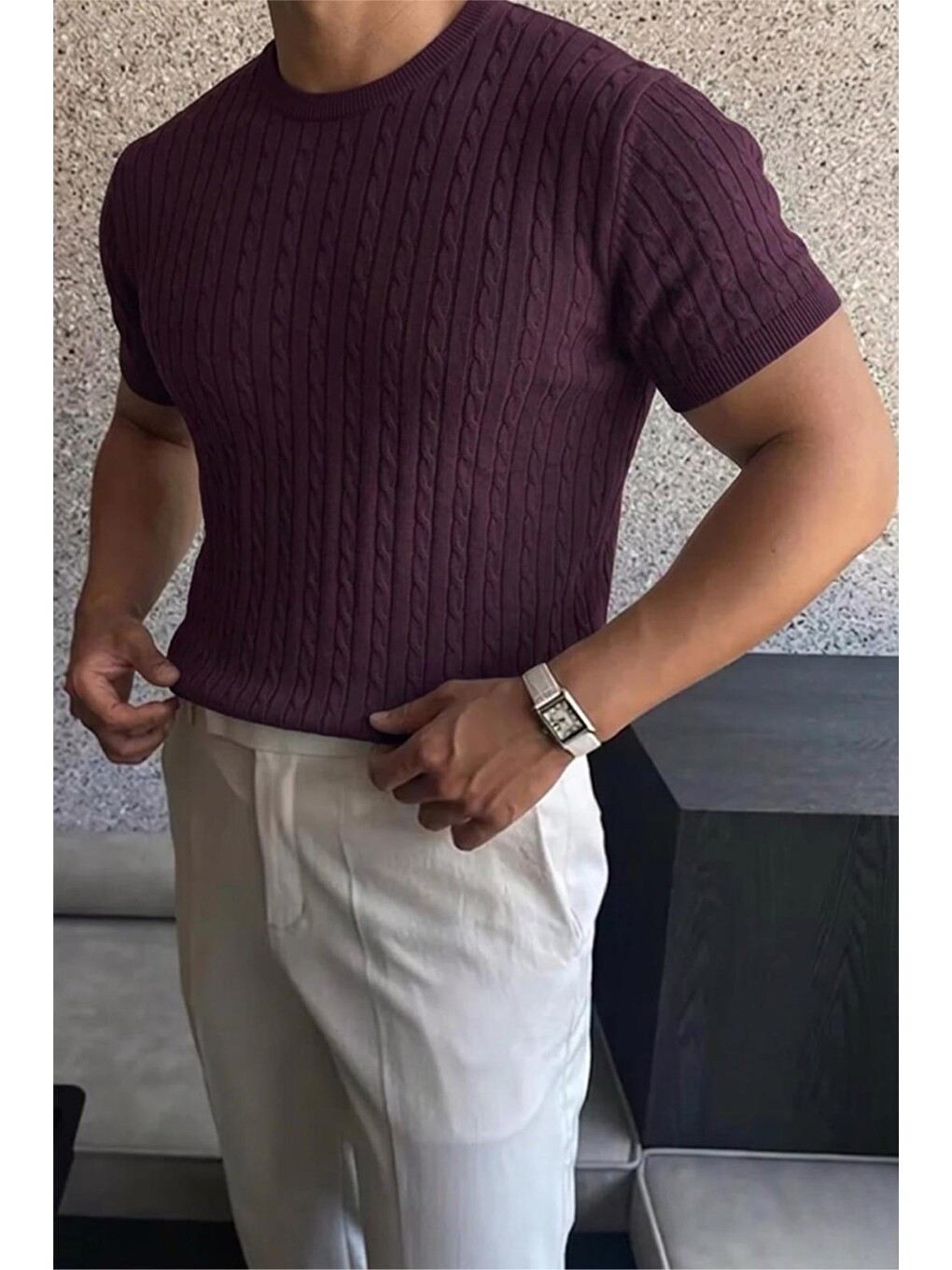 Mor Kelly Lüks Seri Erkek Slim Fit Saç Örgü Desenli Bisiklet Yaka Kısa Kollu Triko Tişört