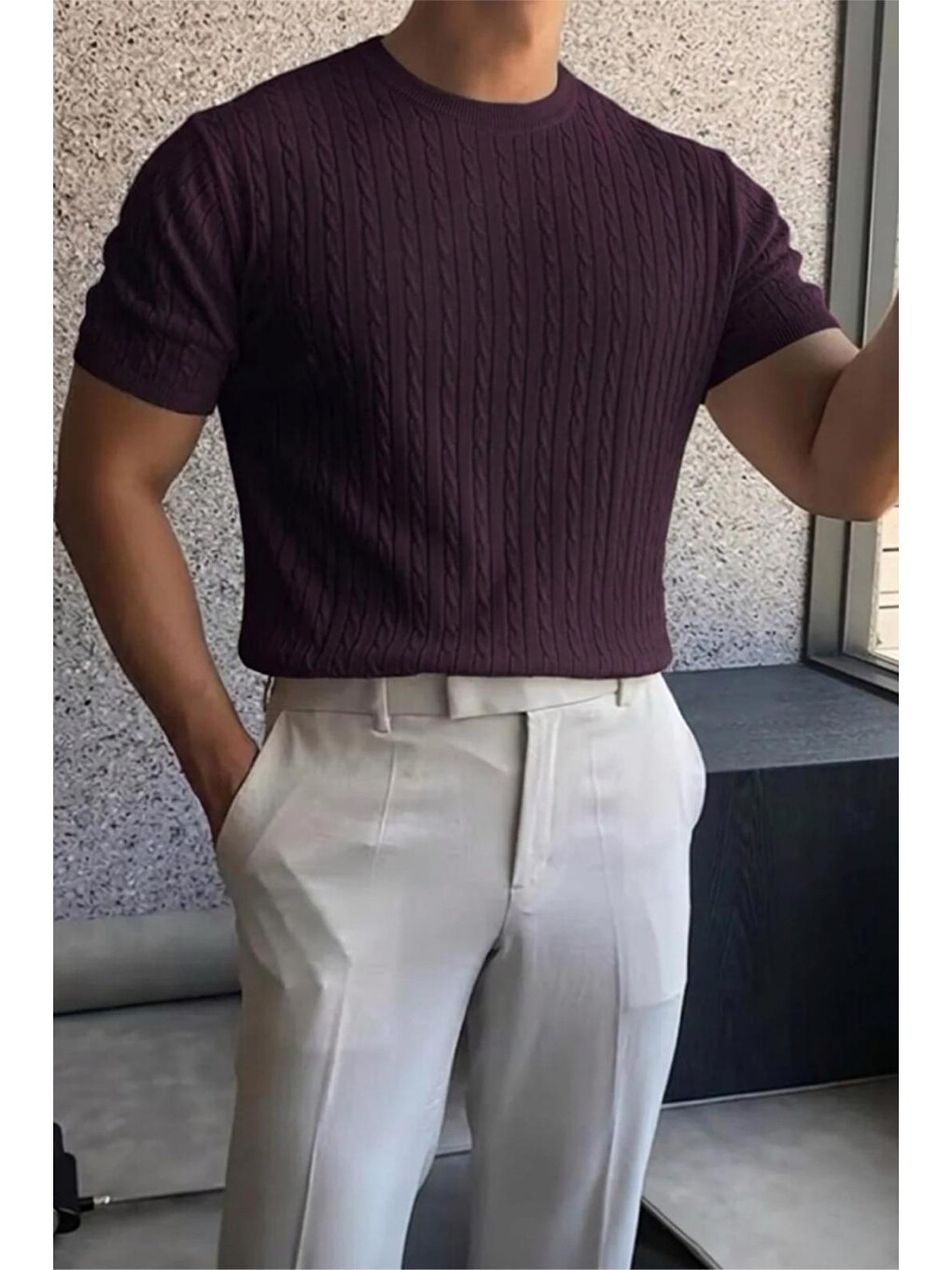 Mor Kelly Lüks Seri Erkek Slim Fit Saç Örgü Desenli Bisiklet Yaka Kısa Kollu Triko Tişört-1