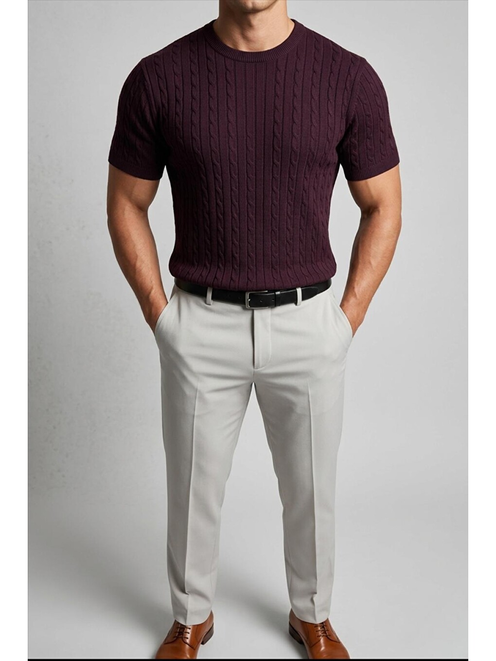 Mor Kelly Lüks Seri Erkek Slim Fit Saç Örgü Desenli Bisiklet Yaka Kısa Kollu Triko Tişört-2