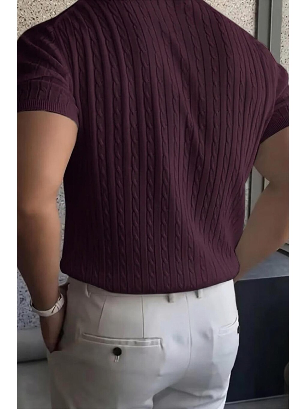 Mor Kelly Lüks Seri Erkek Slim Fit Saç Örgü Desenli Bisiklet Yaka Kısa Kollu Triko Tişört-3