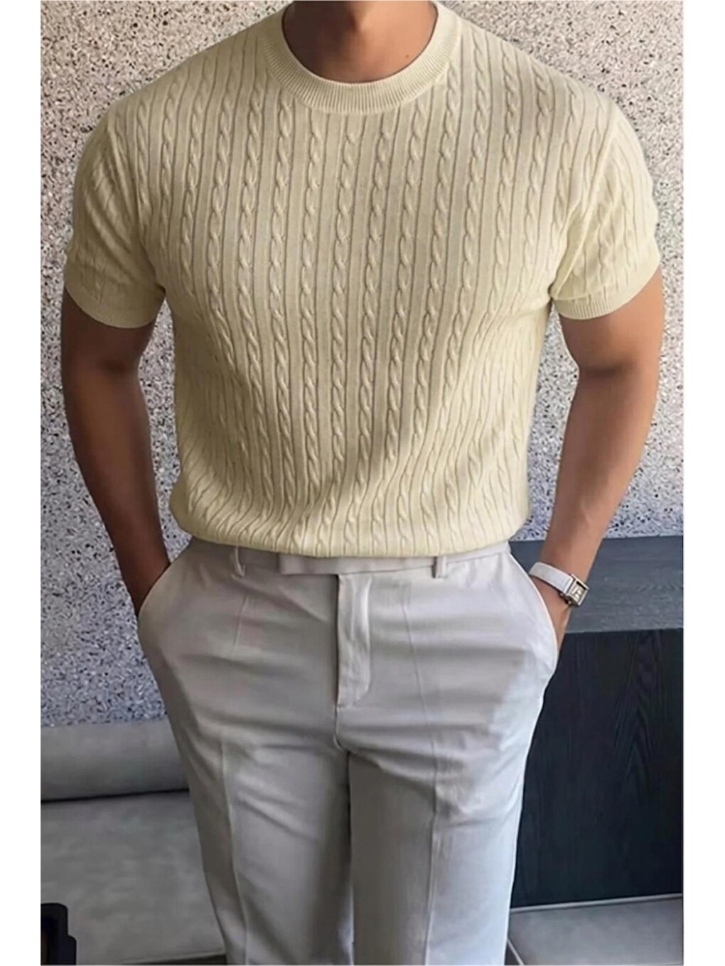 Ekru Kelly Lüks Seri Erkek Slim Fit Saç Örgü Desenli Bisiklet Yaka Kısa Kollu Triko Tişört