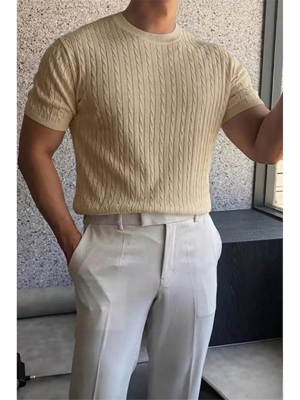 Ekru Kelly Lüks Seri Erkek Slim Fit Saç Örgü Desenli Bisiklet Yaka Kısa Kollu Triko Tişört-1