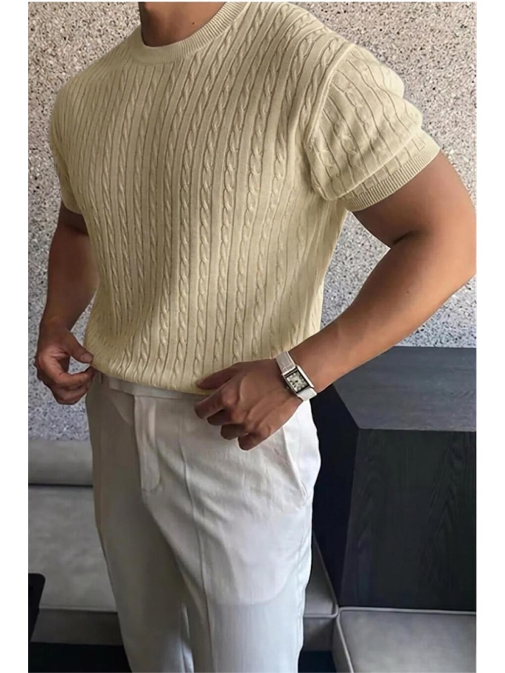 Ekru Kelly Lüks Seri Erkek Slim Fit Saç Örgü Desenli Bisiklet Yaka Kısa Kollu Triko Tişört-2