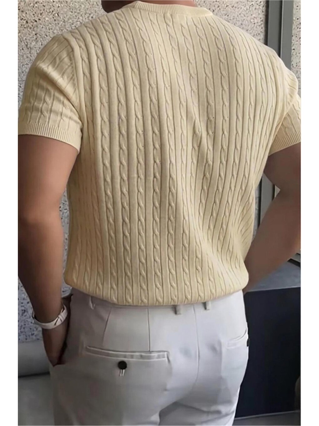 Ekru Kelly Lüks Seri Erkek Slim Fit Saç Örgü Desenli Bisiklet Yaka Kısa Kollu Triko Tişört-3