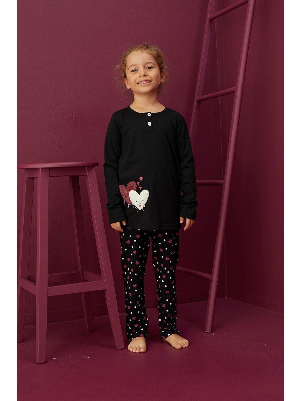 Siyah Kız Çocuk Kalp Desenli Pamuklu Pijama Takım 8036-2