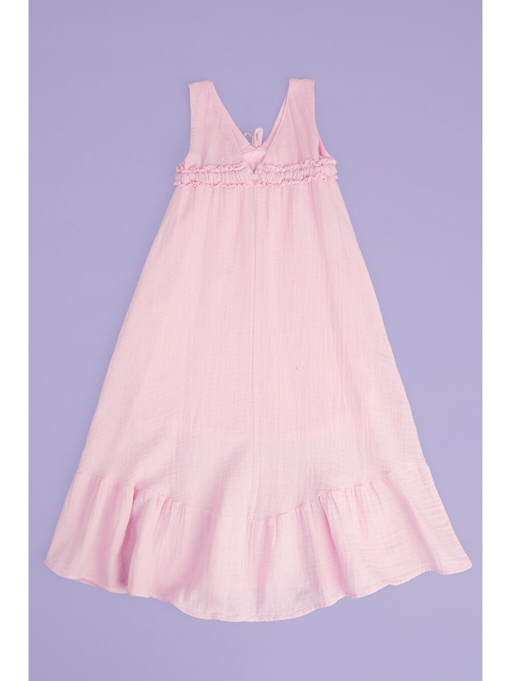 Pembe Önü Bağlamalı Askılı Müslin Kumaş Kız Çocuk Elbise-1