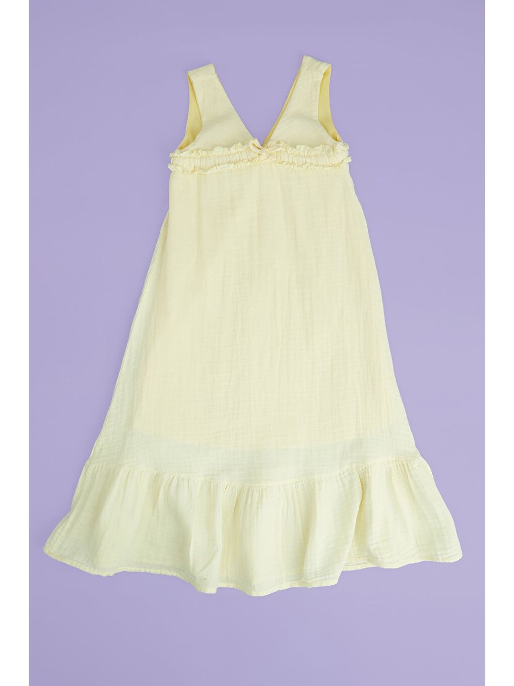 Sarı Önü Bağlamalı Askılı Müslin Kumaş Kız Çocuk Elbise