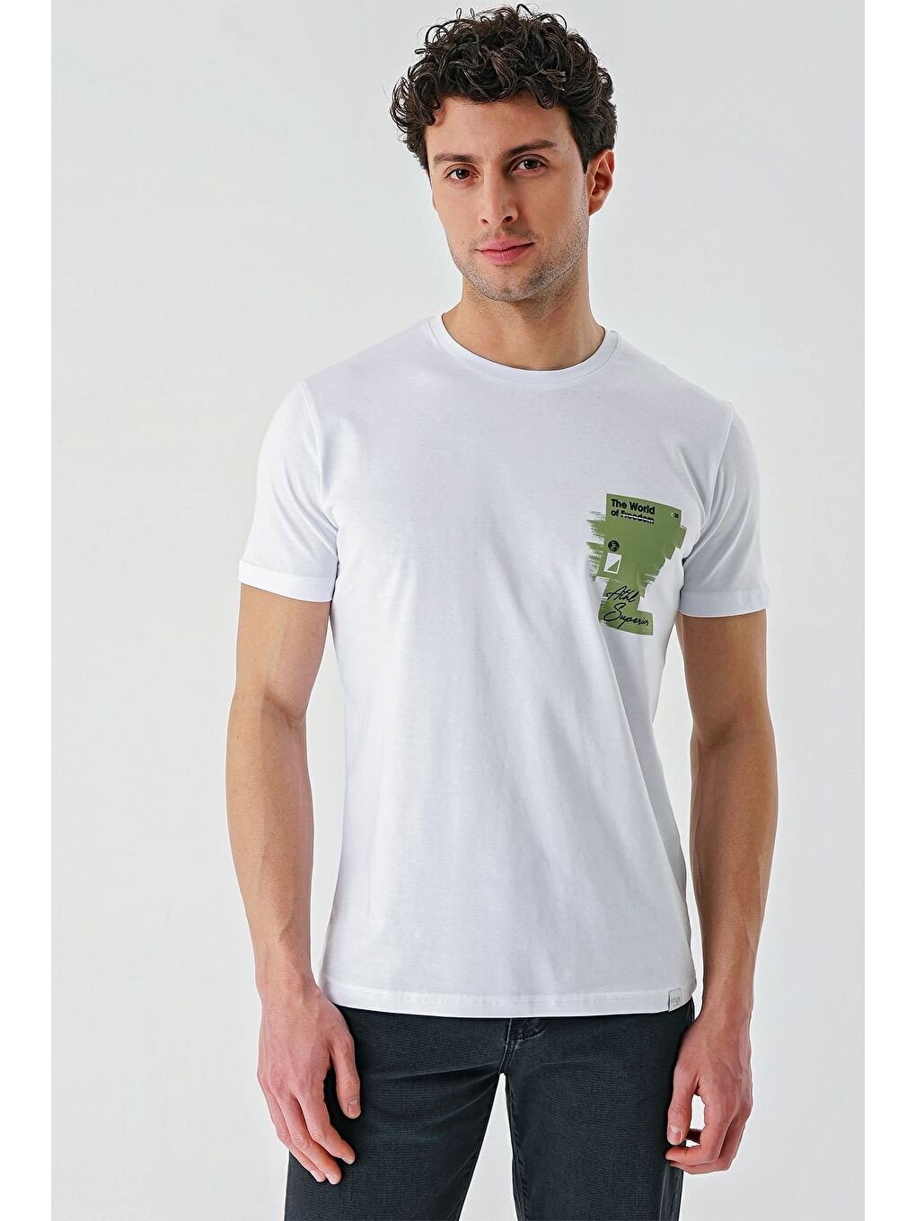 Beyaz Baskılı Bez Ayağı Bisiklet Yaka %100 Pamuk Casual Slim Fit Dar Kesim Tişört 1011240166