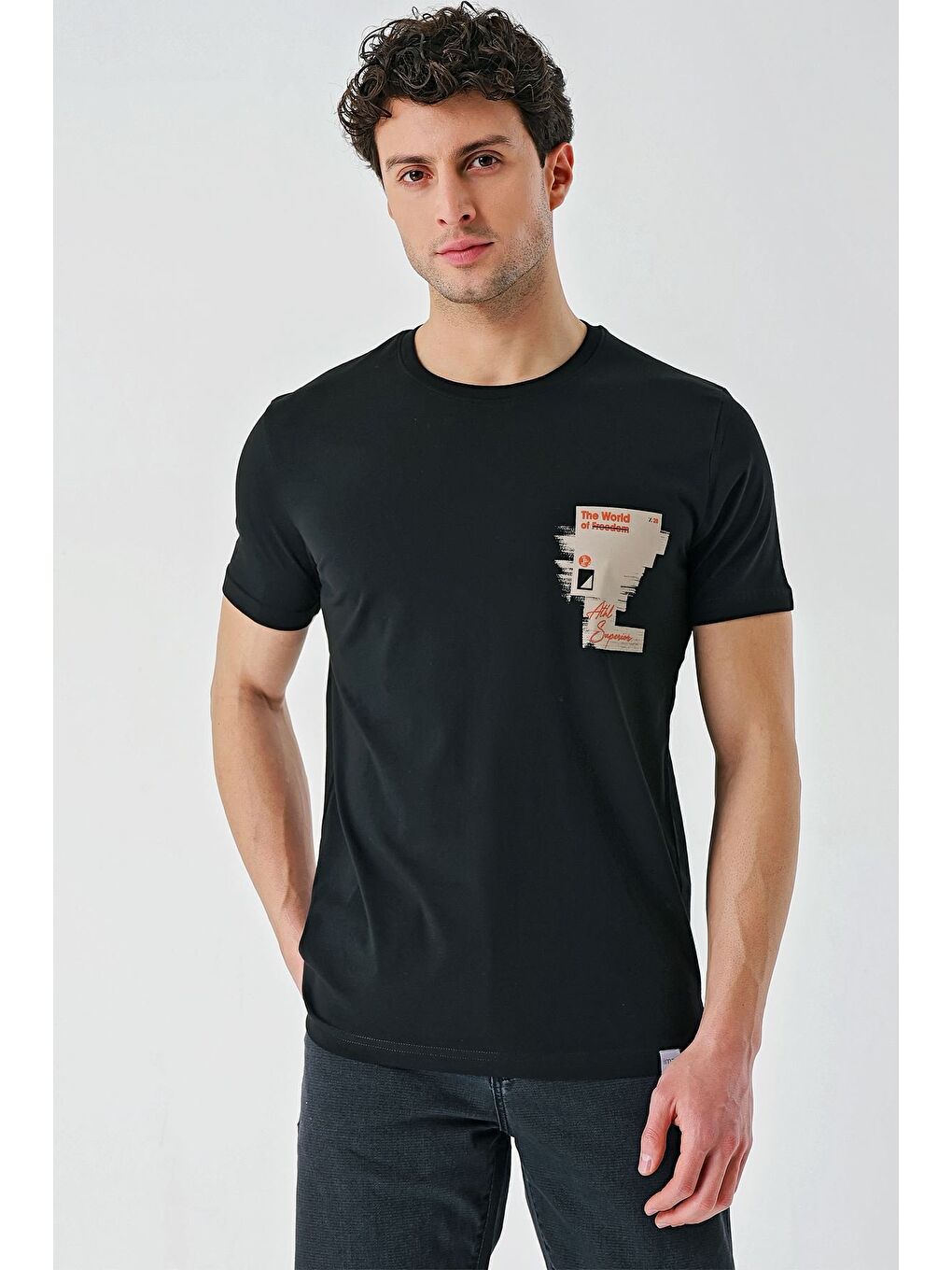 Siyah Baskılı Bez Ayağı Bisiklet Yaka %100 Pamuk Casual Slim Fit Dar Kesim Tişört 1011240166