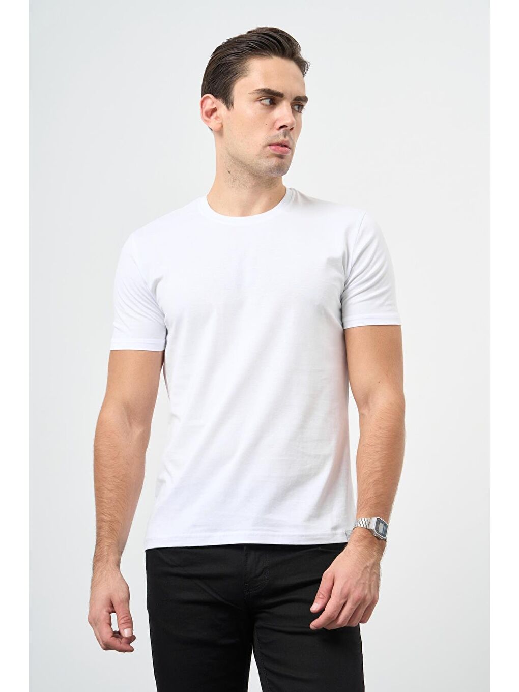 Beyaz Kısa Kol Düz Bez Ayağı Bisiklet Yaka Casual Slim Fit Tişört 1011245193