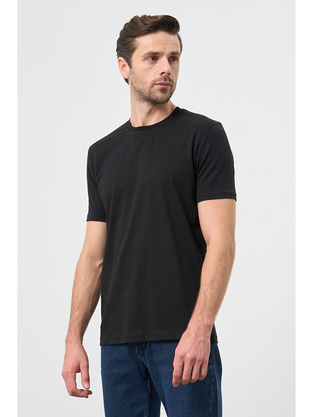 Siyah Kısa Kol Düz Bez Ayağı Bisiklet Yaka Casual Slim Fit Tişört 1011245193