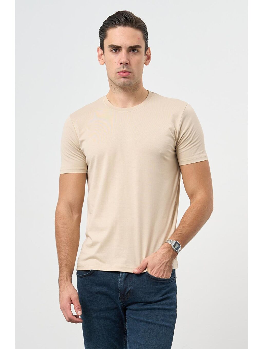 Bej Kısa Kol Düz Bez Ayağı Bisiklet Yaka Casual Slim Fit %100 Pamuk Tişört 1011245193