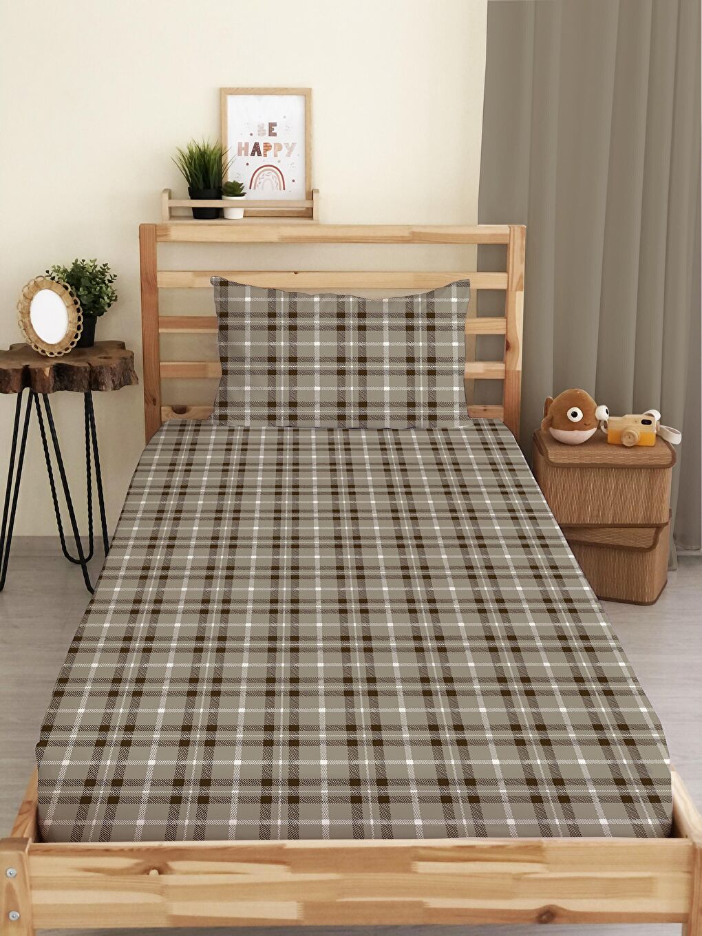 Karışık Ekose Desenli Baskılı Tek Kişilik Lastikli Çarşaf Seti