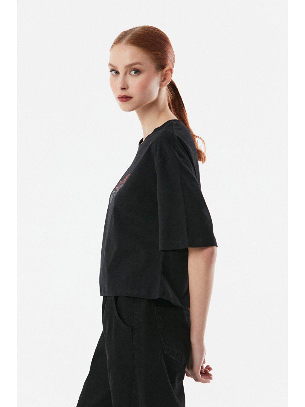 Siyah Yazı Baskılı Bisiklet Yaka Tişört-3