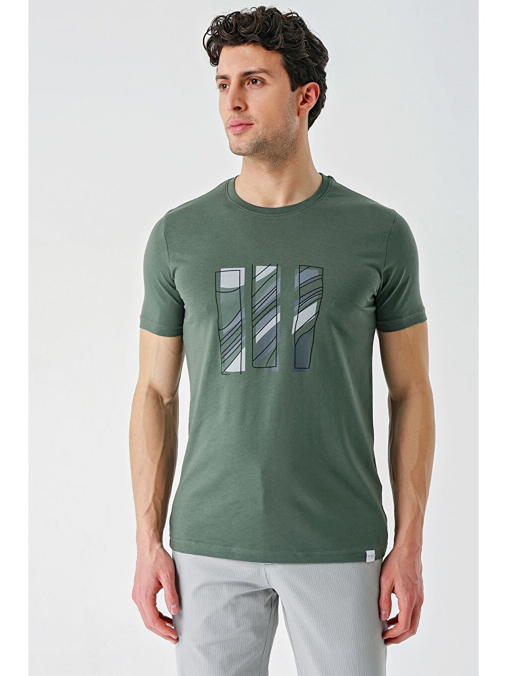 Koyu Haki Baskılı Bez Ayağı Bisiklet Yaka %100 Pamuk Casual Slim Fit Dar Kesim Tişört 1011240165-2