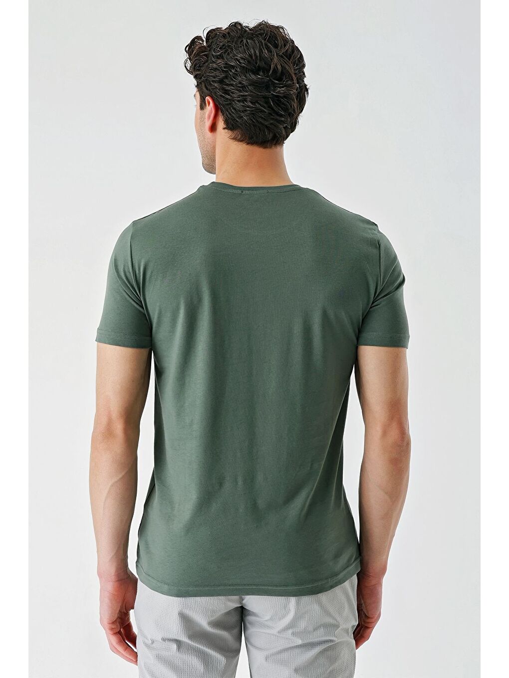 Koyu Haki Baskılı Bez Ayağı Bisiklet Yaka %100 Pamuk Casual Slim Fit Dar Kesim Tişört 1011240165-3