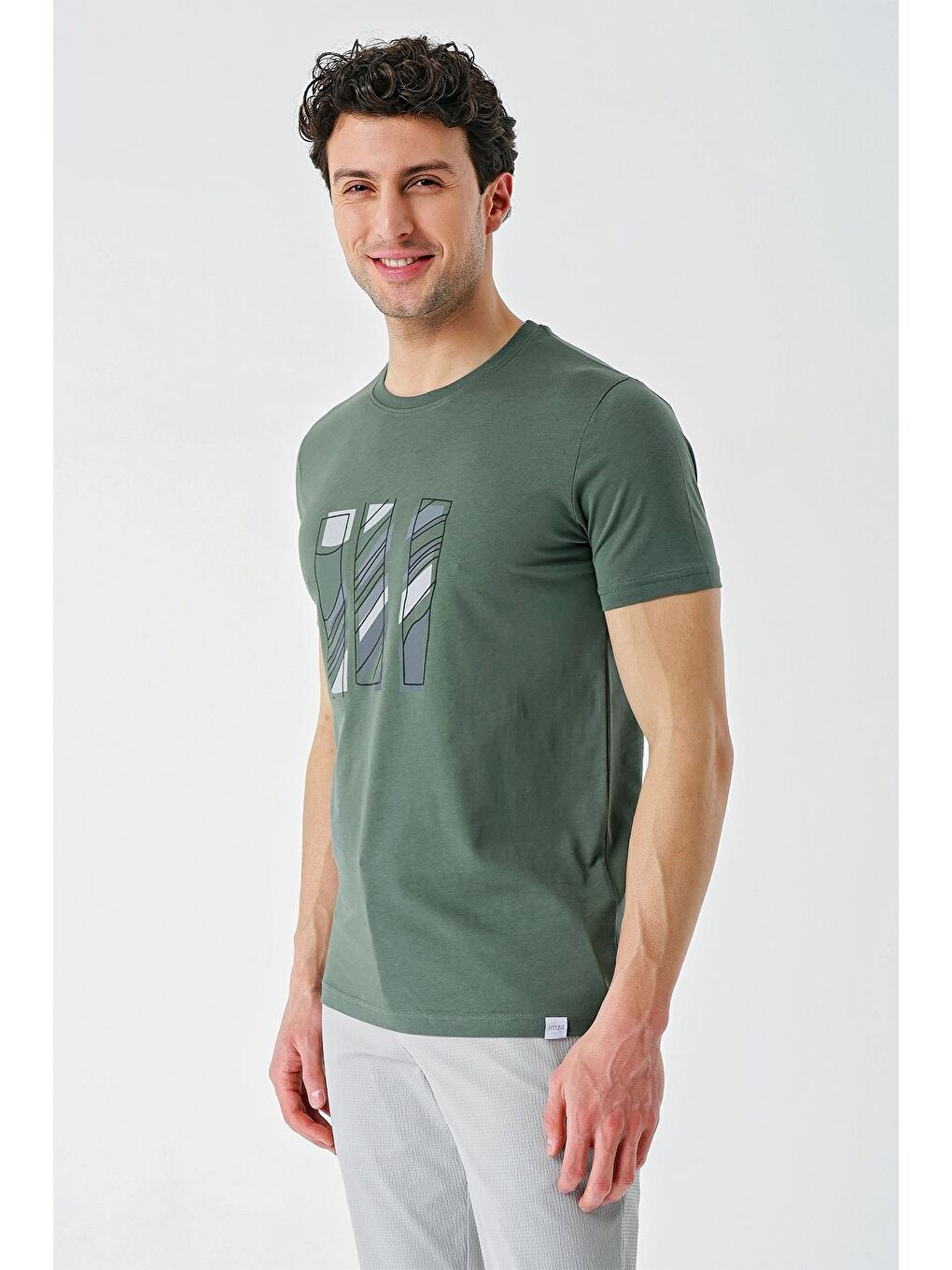 Koyu Haki Baskılı Bez Ayağı Bisiklet Yaka %100 Pamuk Casual Slim Fit Dar Kesim Tişört 1011240165-4