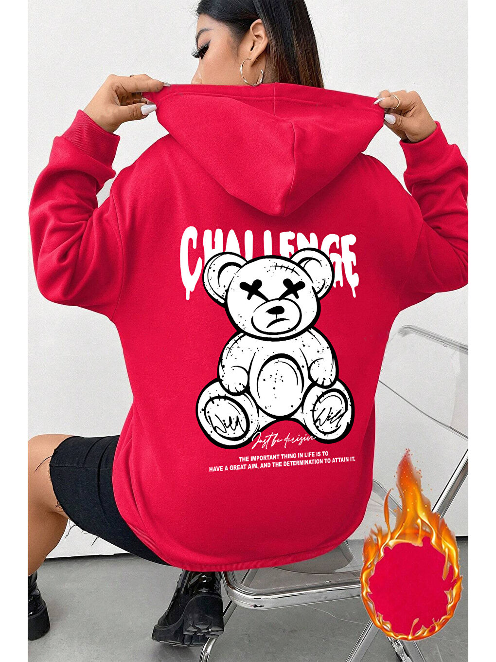 uyguntarz Kırmızı Challange Bear Baskılı Oversize Sweatshirt - 1