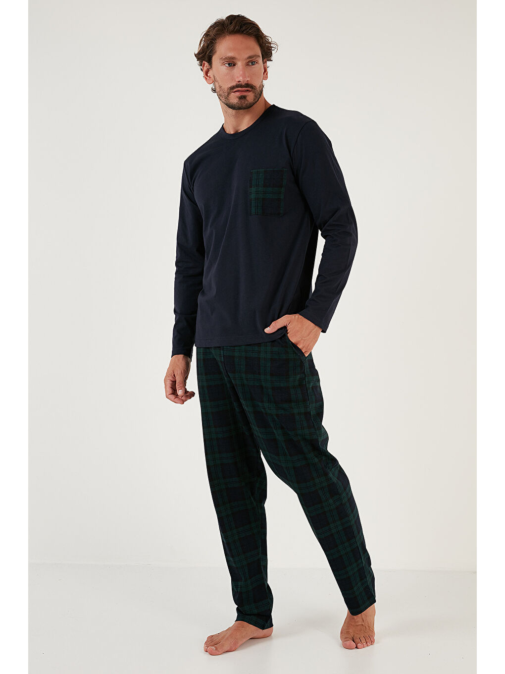 Lacivert Ekoseli Cepli Beli Lastikli %100 Pamuk Regular Fit Erkek Pijama Takımı 6572001-5