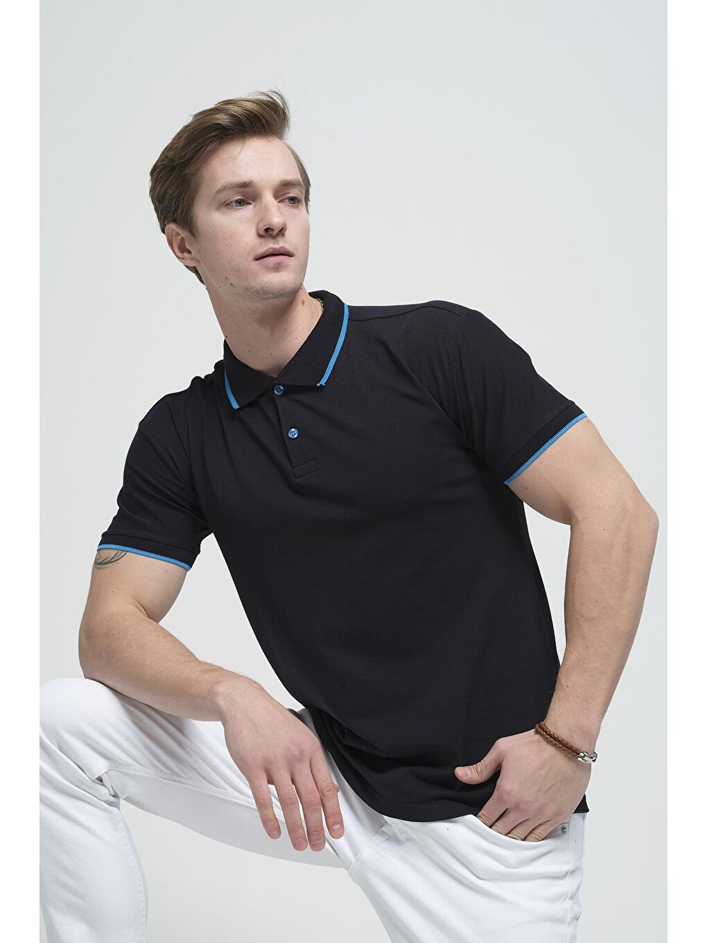 Lacivert Colton Yakası Biyeli Likralı Slim Fit Erkek Polo Yaka Tişört