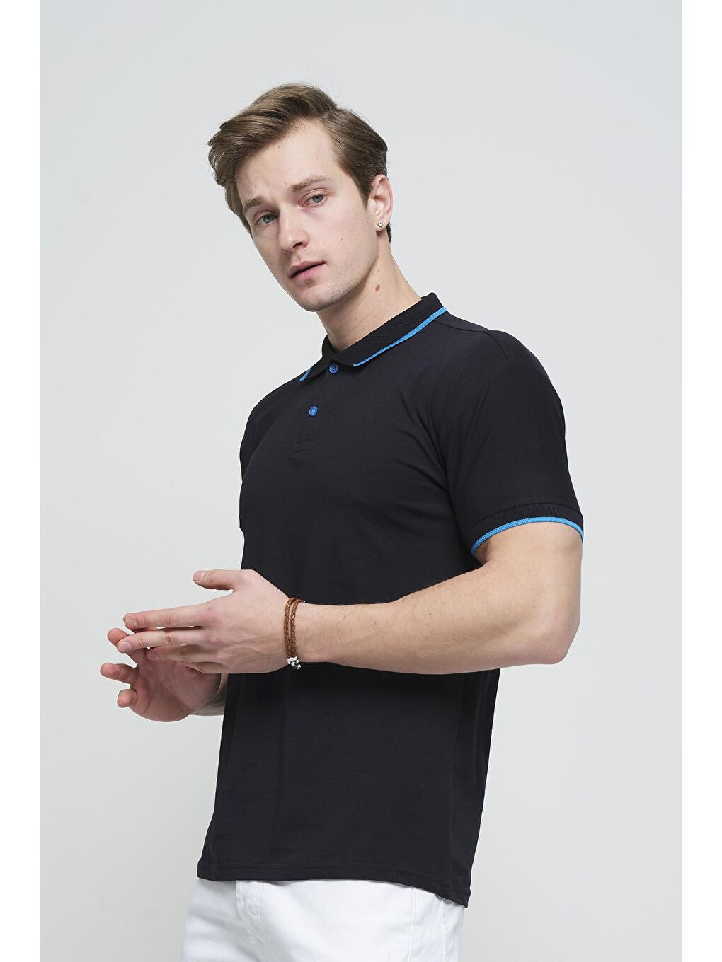 Lacivert Colton Yakası Biyeli Likralı Slim Fit Erkek Polo Yaka Tişört-1