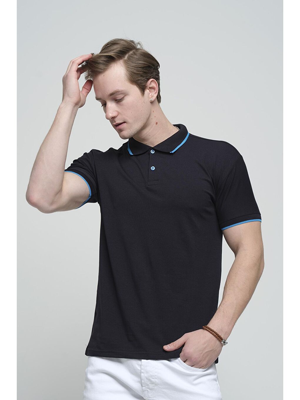 Lacivert Colton Yakası Biyeli Likralı Slim Fit Erkek Polo Yaka Tişört-2