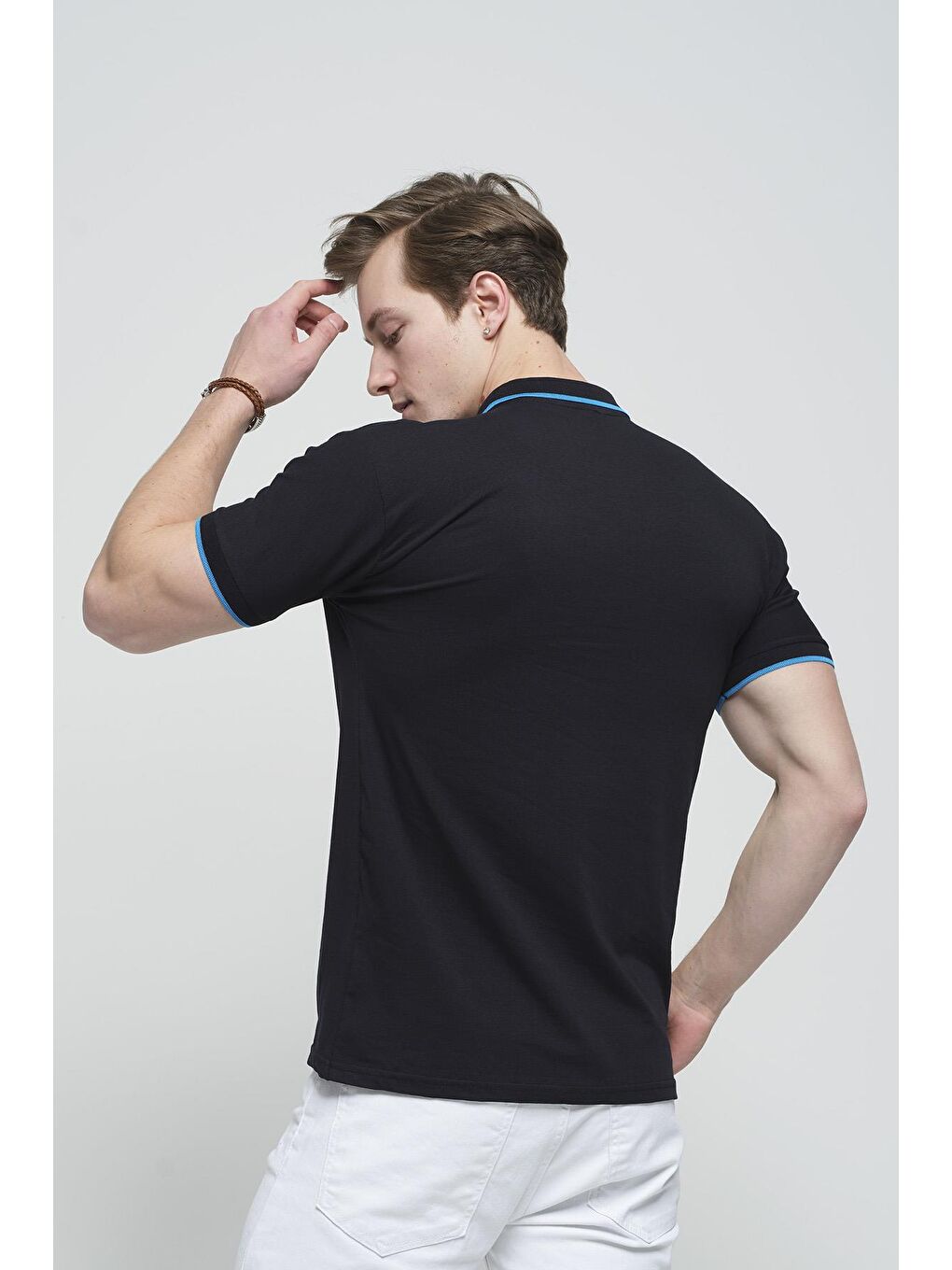 Lacivert Colton Yakası Biyeli Likralı Slim Fit Erkek Polo Yaka Tişört-4