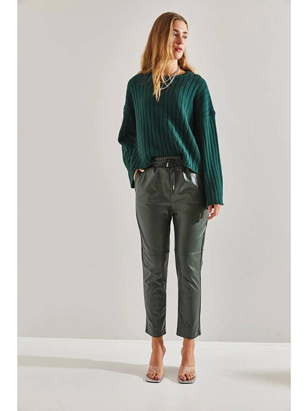 Haki Kadın Beli Lastikli Suni Deri Pantolon-2