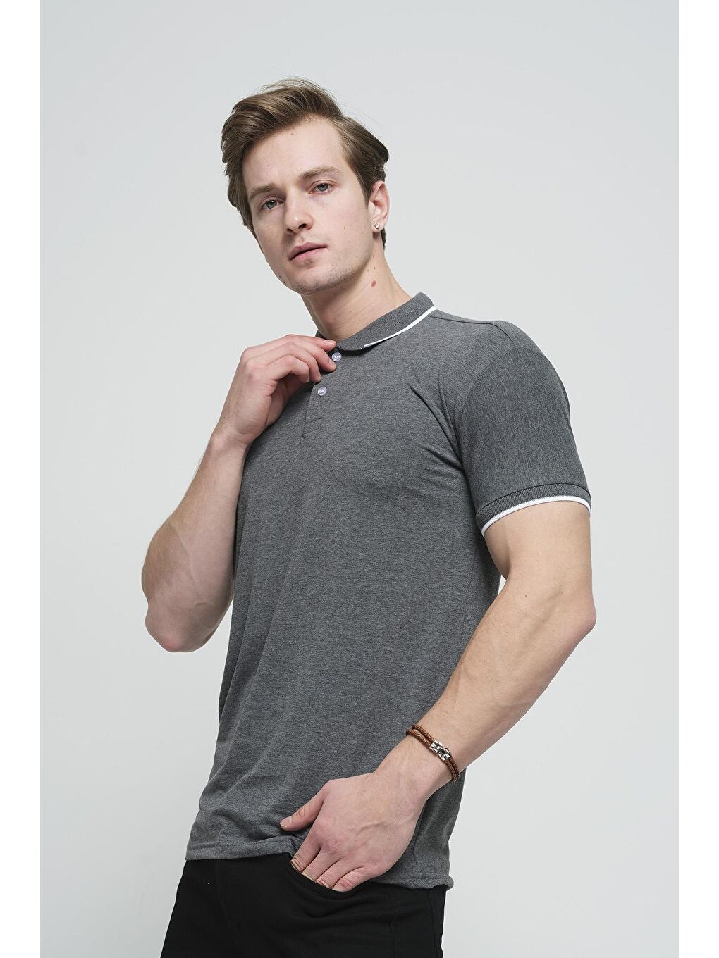 Gri Colton Yakası Biyeli Likralı Slim Fit Erkek Polo Yaka Tişört-1