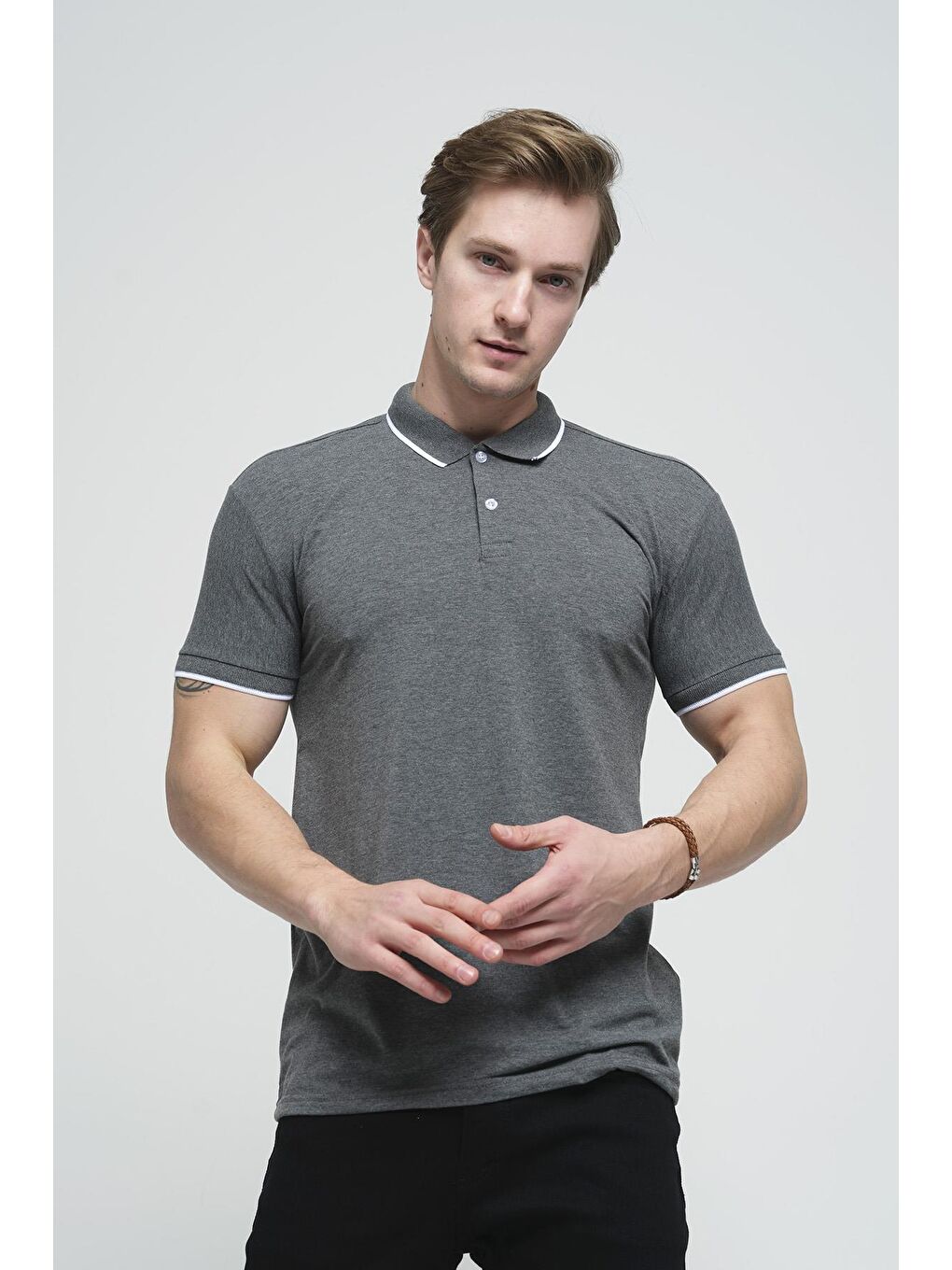 Gri Colton Yakası Biyeli Likralı Slim Fit Erkek Polo Yaka Tişört-2