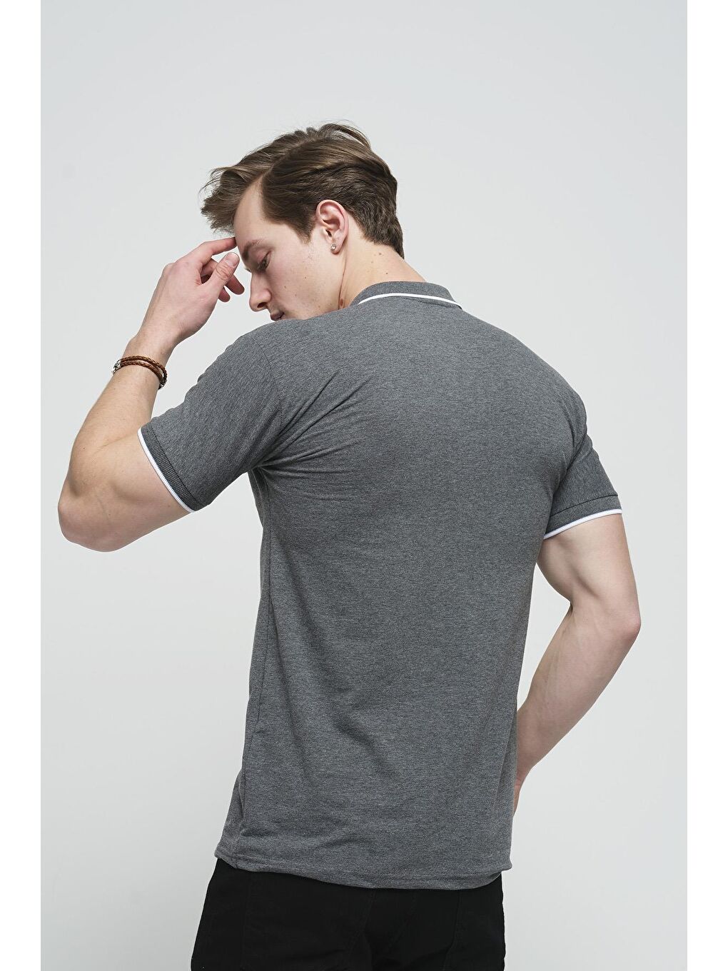 Gri Colton Yakası Biyeli Likralı Slim Fit Erkek Polo Yaka Tişört-3