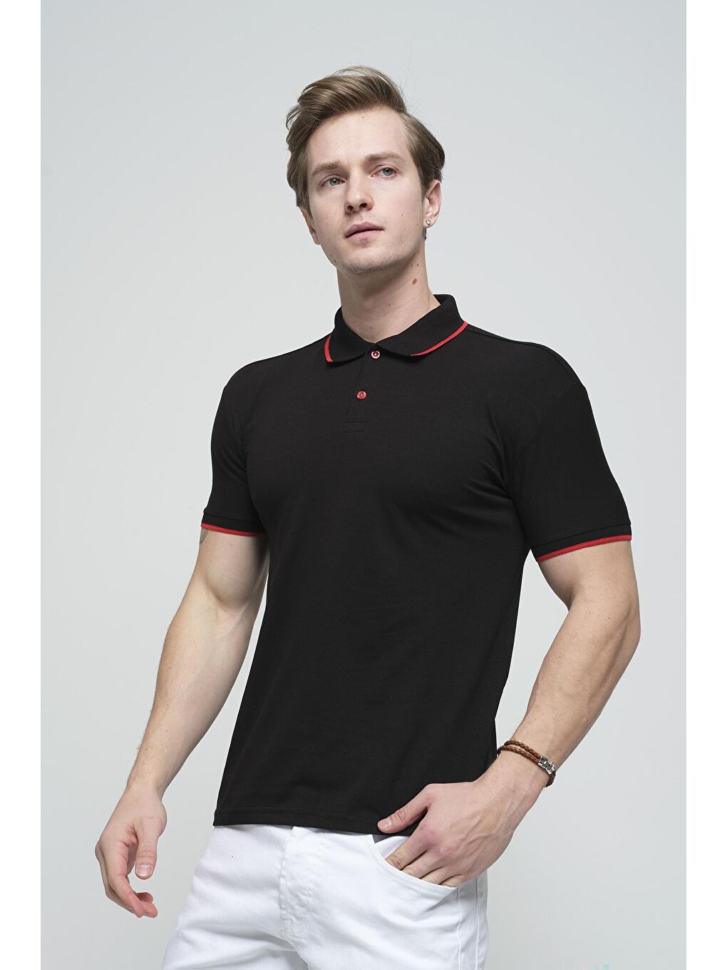 Siyah Colton Yakası Biyeli Likralı Slim Fit Erkek Polo Yaka Tişört