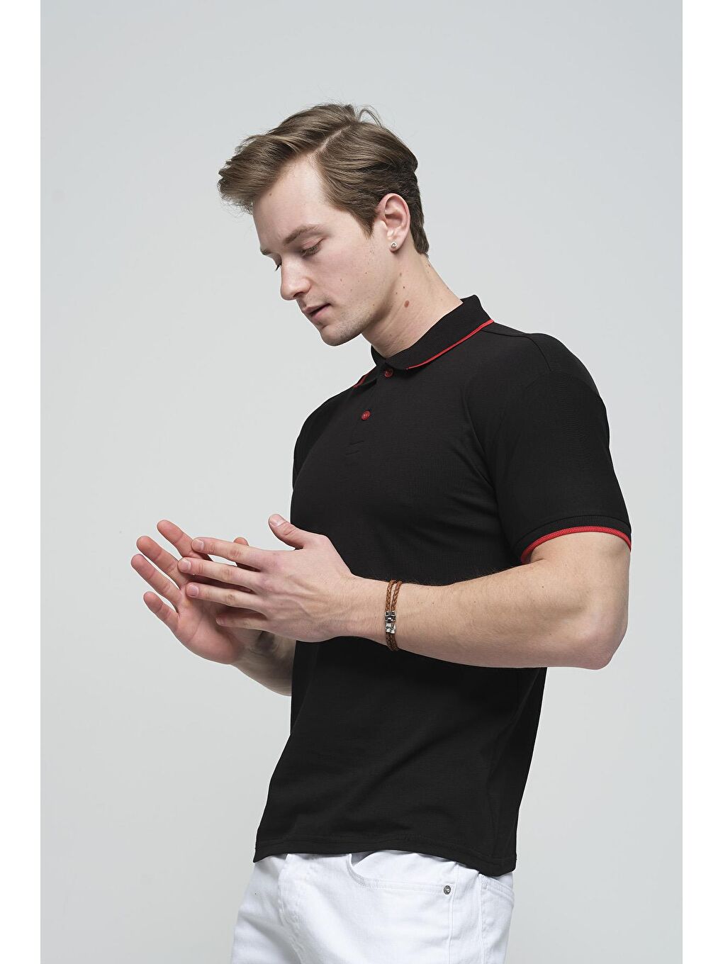 Siyah Colton Yakası Biyeli Likralı Slim Fit Erkek Polo Yaka Tişört-1