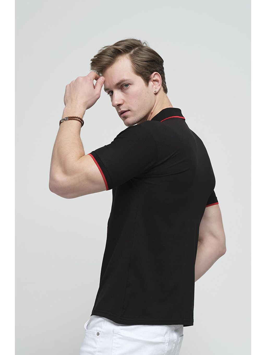 Siyah Colton Yakası Biyeli Likralı Slim Fit Erkek Polo Yaka Tişört-2